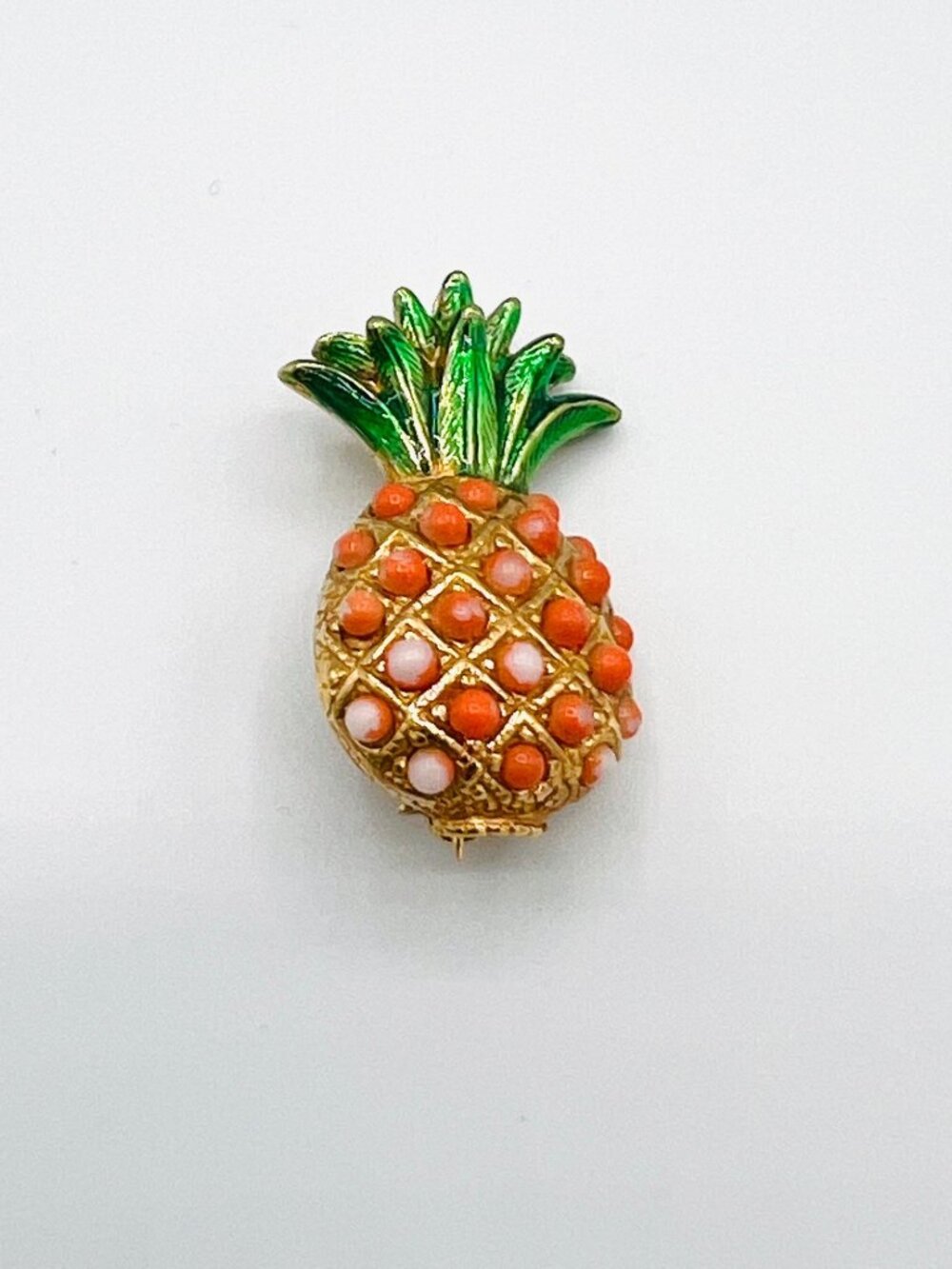 Vintage Ciner Pineapple Brooch Gold Tone Enamel Coral Cabochon Signed Pin